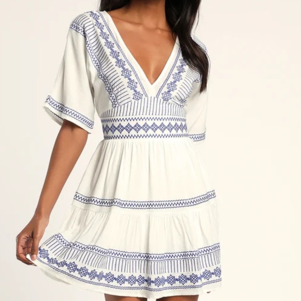 NWT Lulus Gone to Greece White Embroidered Short Sleeve V-Neck Mini Dress XS